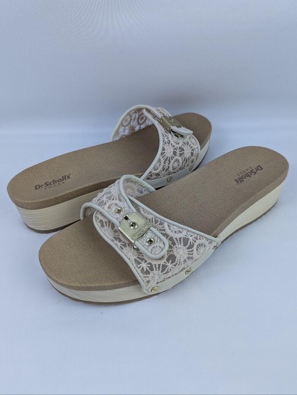 Dr. Scholl's Original Too Sandal Crocheted Upper Wood Midsole Buckle Sand 10 NEW